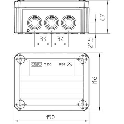 Technische Zeichnung eines rechteckigen Gehäuses mit den Maßen 150x116x67 mm, drei runden Öffnungen und IP68-Schutzklasse.