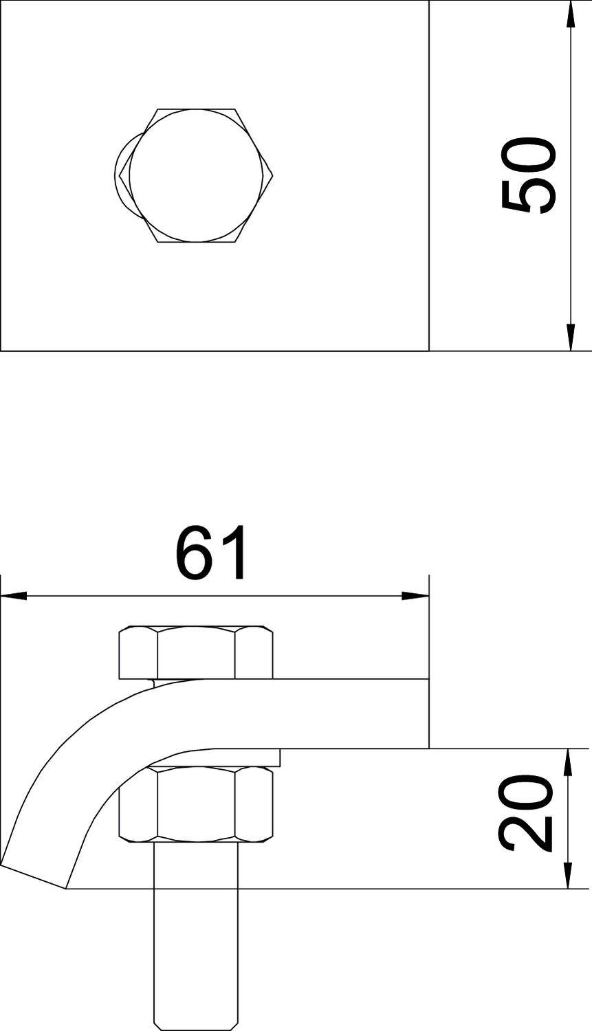 Technische Zeichnung eines mechanischen Teils mit Abmessungen: 50 mm Höhe, 61 mm Breite, 20 mm Tiefe. Schraube sichtbar.