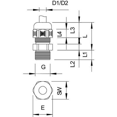 Technische Zeichnung eines Kabelverschraubungssystems mit Kennzeichnungen für Durchmesser (D1/D2), Länge (L, L1, L2, L3, L4), Größe (G) und Schlüsselweite (SW).