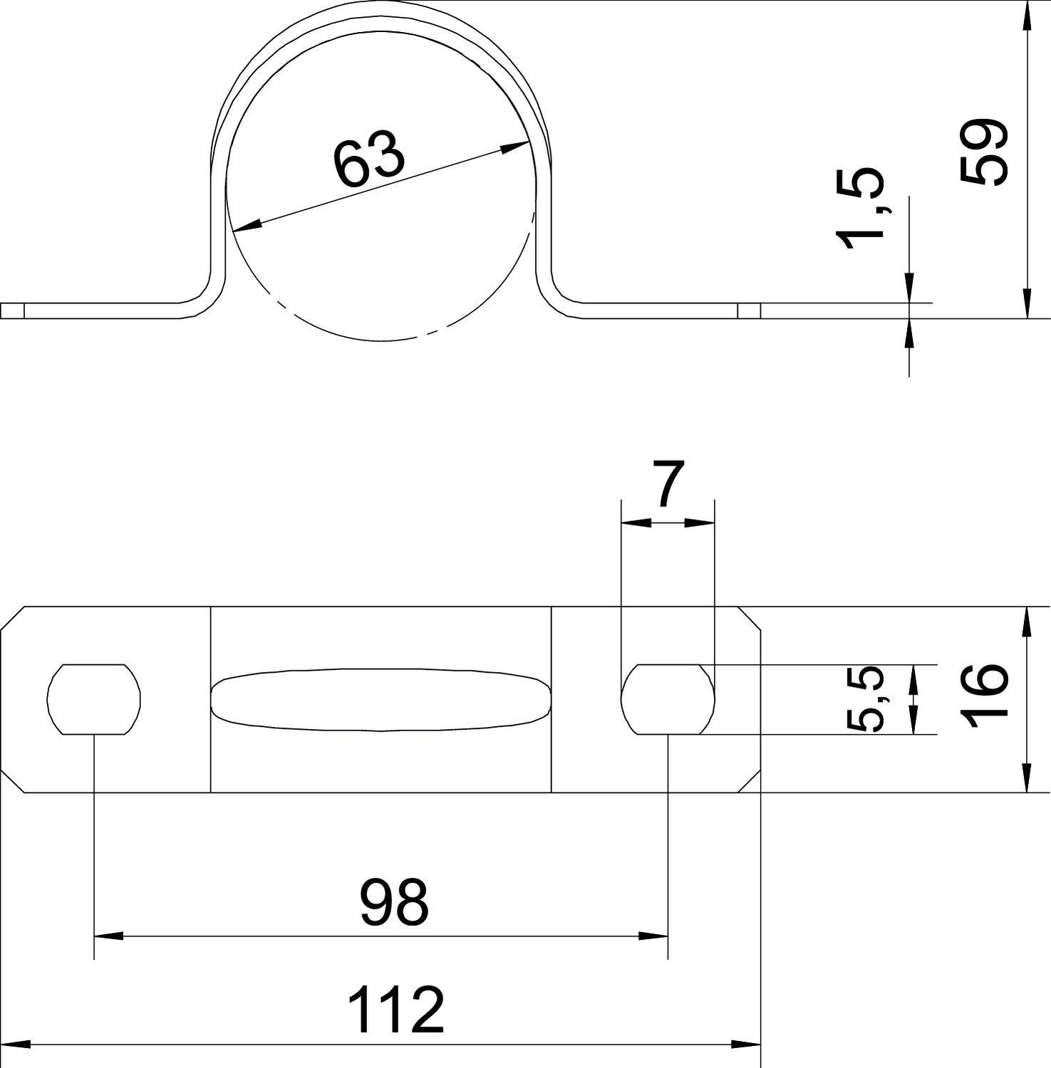 Technische Zeichnung eines Metallbügels mit Maßen: Breite 112 mm, Höhe 59 mm, Durchmesser 63 mm. Schraubenlöcher und detaillierte Bemaßung vorhanden.