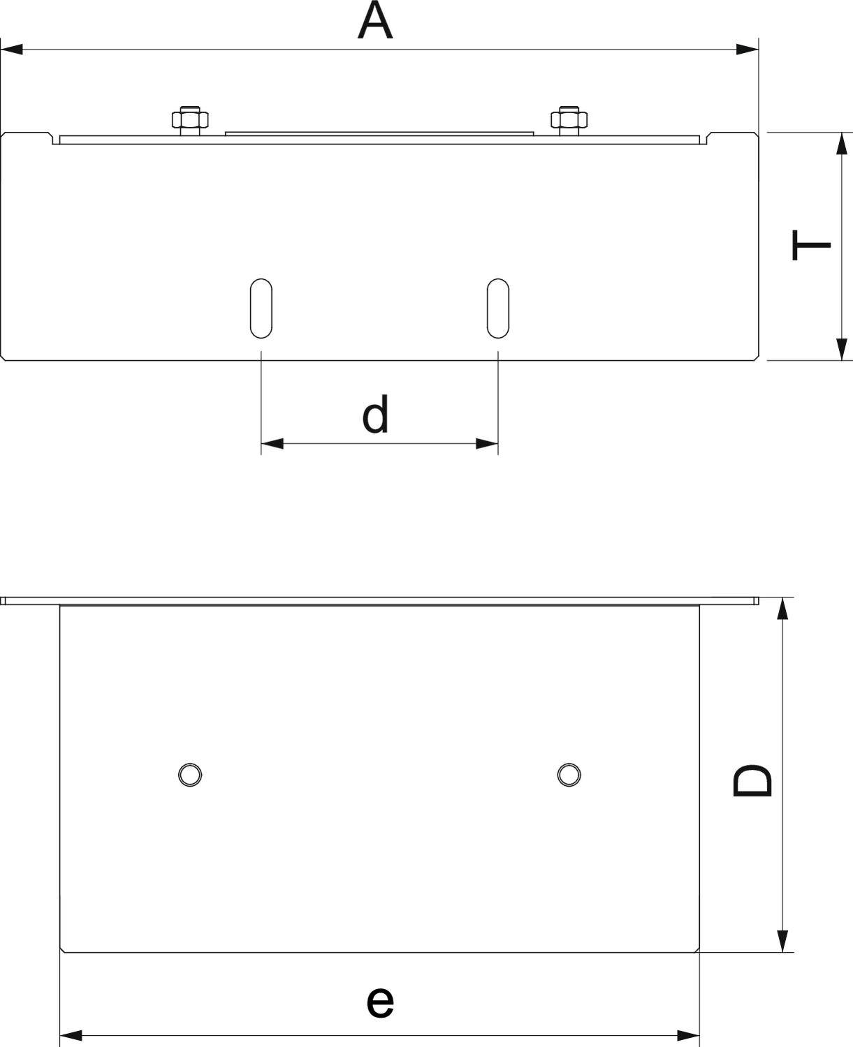 Technische Zeichnung einer rechteckigen Halterung mit den Dimensionen A, T, D, d und e, die die Löcher und Schraubenpositionen zeigt.