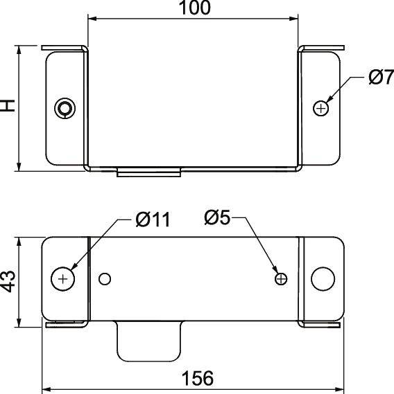 Technische Zeichnung eines rechteckigen Bauteils mit Gesamtbreite von 156 mm. Oben: Breite 100 mm, Höhe H. Markierte Löcher: Ø7 mm, Ø11 mm, Ø5 mm.
