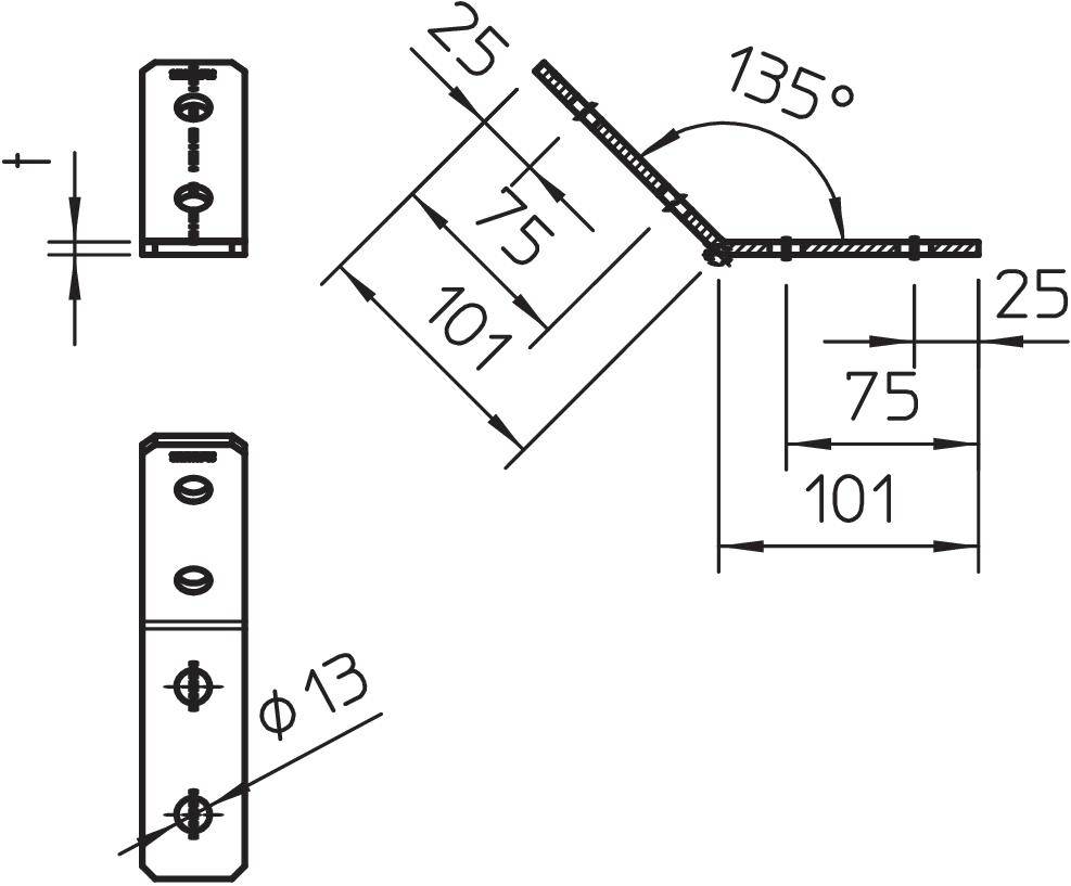 Technische Zeichnung eines Winkelscharniers mit Bemaßungen: 135 Grad Winkel, 75 mm und 101 mm Längen, Bohrloch von 13 mm Durchmesser.