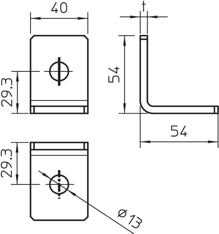 Technische Zeichnung eines Winkelprofils. Maße: 40x54 mm, Bohrung Ø13 mm. Sicht von vorne, oben und seitlich, mit Höhenangaben.