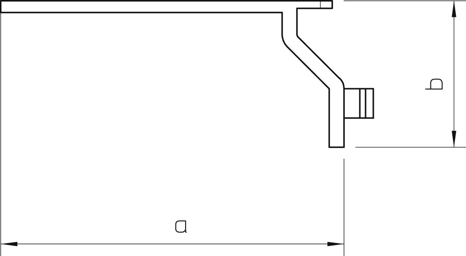 Technische Zeichnung zeigt Profilschnitt eines rechteckigen Bauteils mit abgewinkelter Kante und kleinem Anschluss an der rechten Seite.