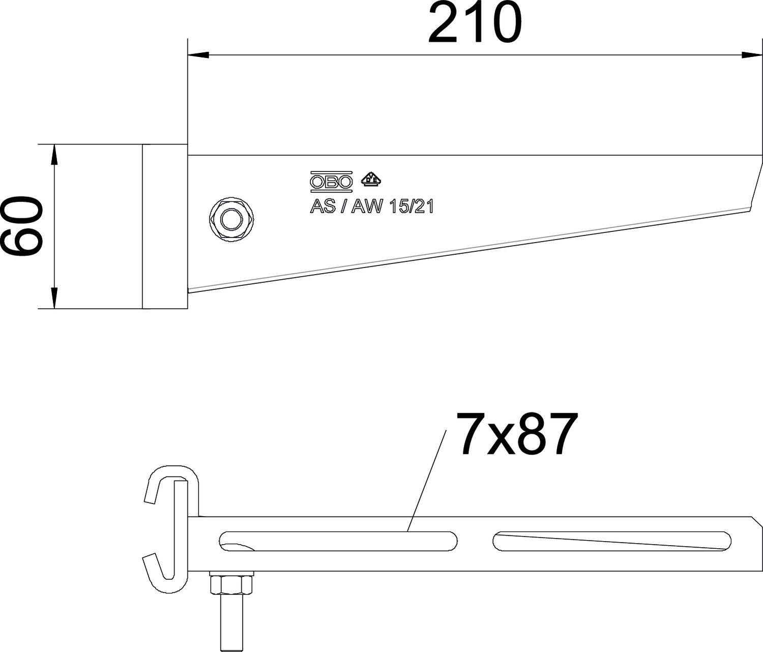 Technische Zeichnung mit zwei Ansichten eines Metallteils. Oben: Bemaßungen 210x60, AS/AW 15/21 markiert. Unten: 7x87 Lochmuster.