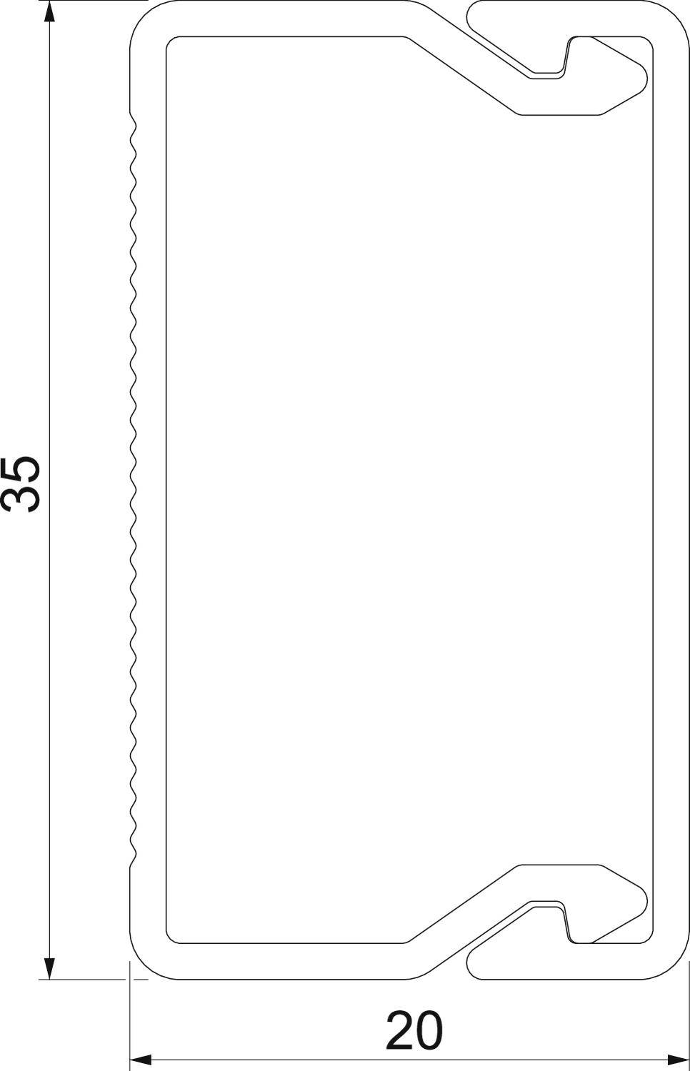 Technische Zeichnung eines rechteckigen Objekts mit den Maßen 35 x 20. Enthält gezackte und eingekerbte Details an den Kanten.