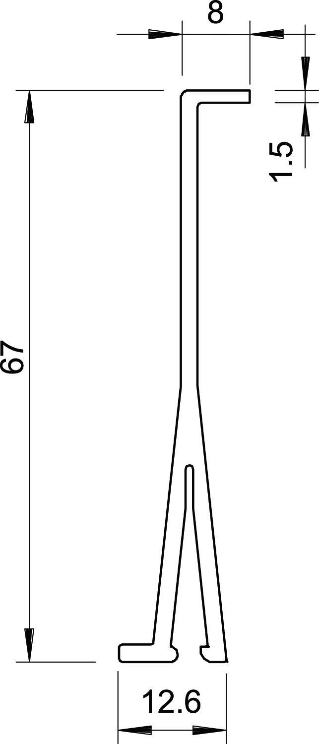 Technische Zeichnung eines Metallhakens mit Maßen: 67 mm hoch, 8 mm breit, 1,5 mm dick, Basis 12,6 mm.