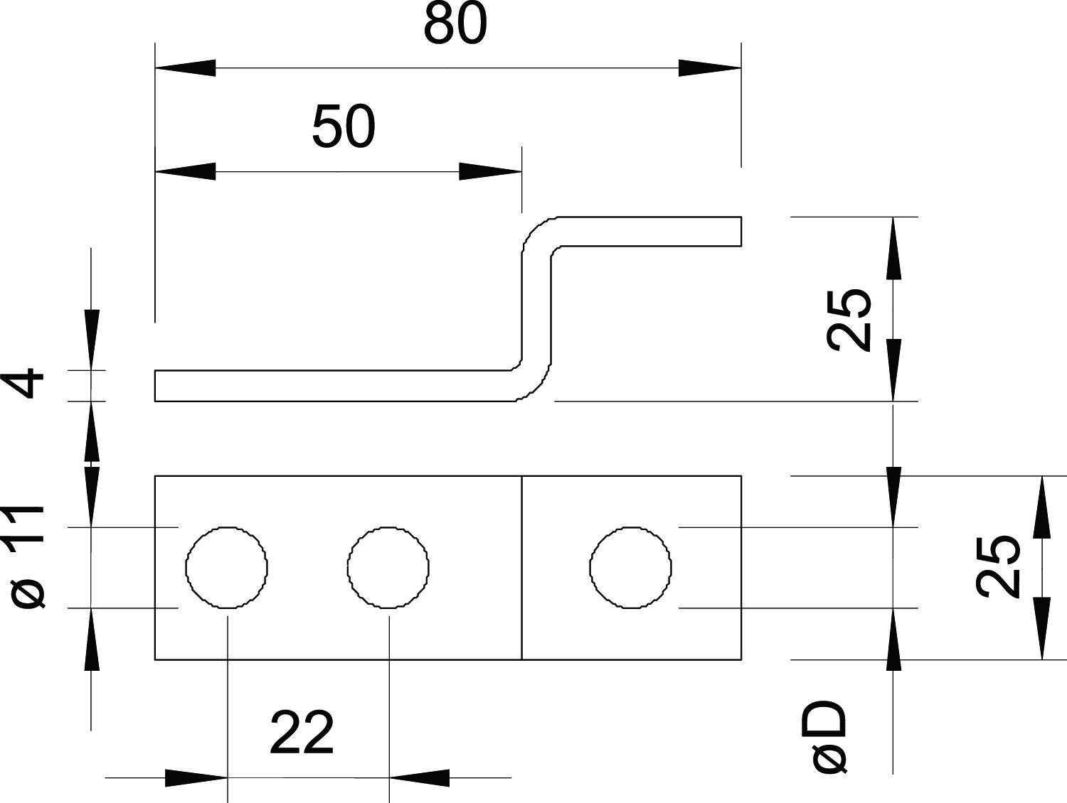 Technische Zeichnung eines Metallbauteils mit Biegung, Maße: 80x50 mm, Bohrungen Durchmesser 11 mm, Abstände 4, 25, 22 mm.