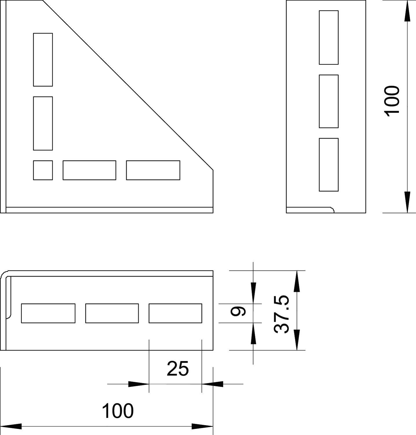 Technische Zeichnung eines L-Profils mit Maßen: Höhe 100 mm, Breite 25 mm, Dicke 9 mm, Aussparungen mittig positioniert.