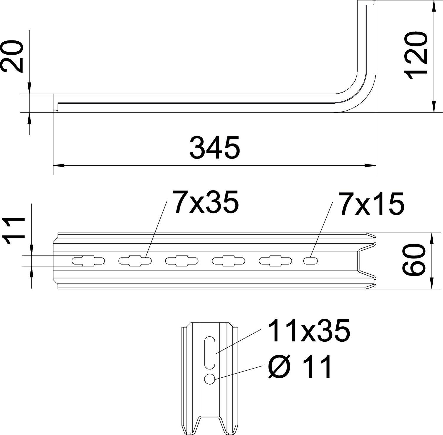 Technische Zeichnung eines Metallprofils mit Maßen: Länge 345 mm, Höhe 120 mm oben, Breite 60 mm unten, Löcher 7x35 mm, 11 mm Durchmesser.