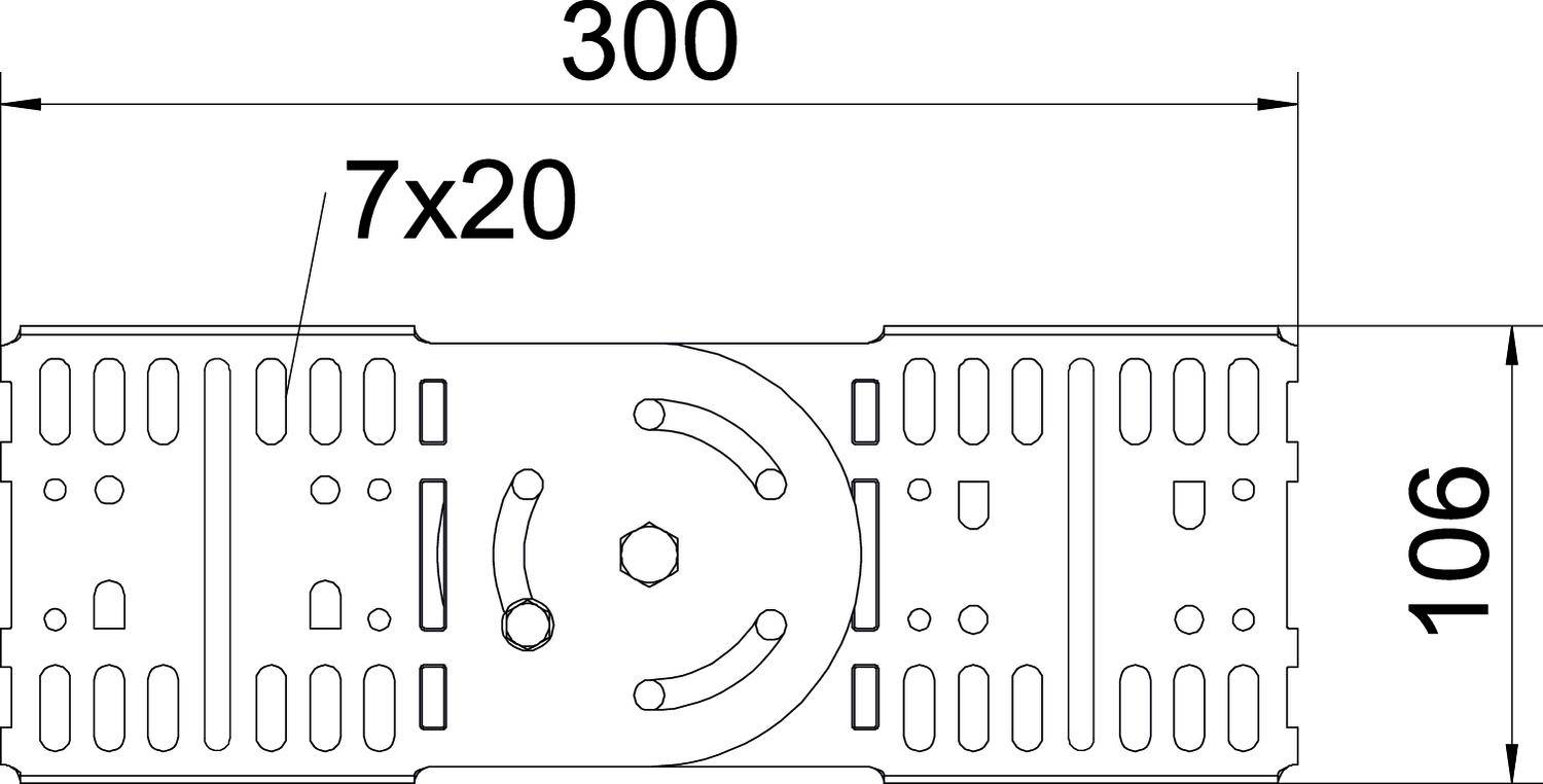Technische Zeichnung einer Metallplatte mit den Maßen 300x106 mm. Löcher und Schlitze sind gekennzeichnet, inklusive '7x20'.