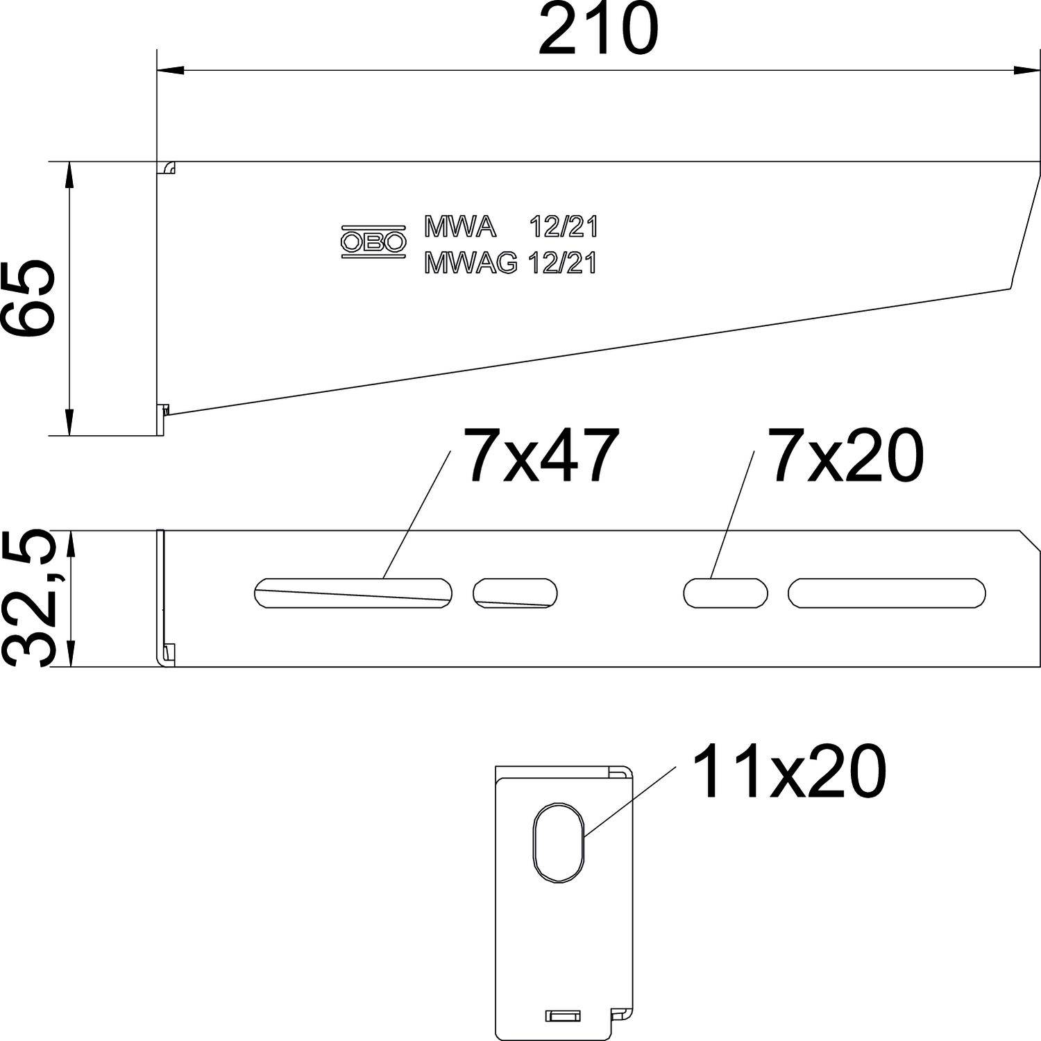'Technische Zeichnung eines metallischen Bauteils: Länge 210mm, Höhe 65mm, mit Schlitzen (7x47mm, 7x20mm) und Loch (11x20mm).'