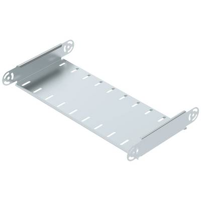 Eine silberne Metallplatte mit abgerundeten Ecken und Schlitzen entlang der Längsseiten, möglicherweise ein Teil eines Regalsystems.