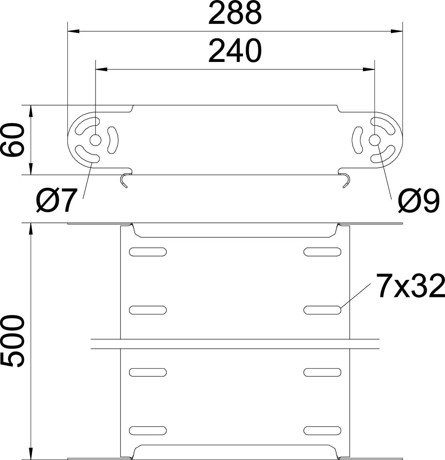 Technische Zeichnung einer Metallhalterung mit den Maßen: Breite 288 mm, Höhe 500 mm. Weitere Abmessungen: Ø7, Ø9, 7x32.