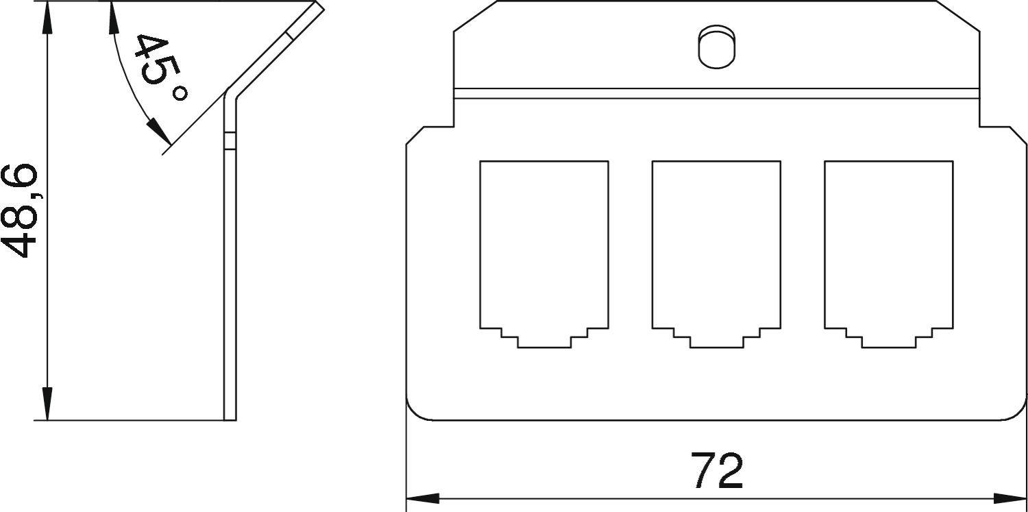 Technische Zeichnung einer Wandsteckdose mit drei RJ45-Anschlüssen. Maße: 72 mm Breite, 48,6 mm Höhe, Neigung 45 Grad.