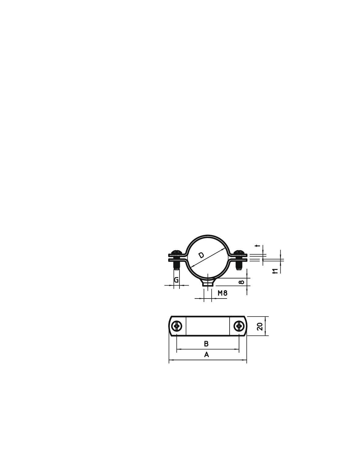 Technische Zeichnung eines Rohrschellenhalters mit Maßen: Durchmesser D, Gewinde M8, Abstände A und B. Schrauben und Muttern sichtbar.