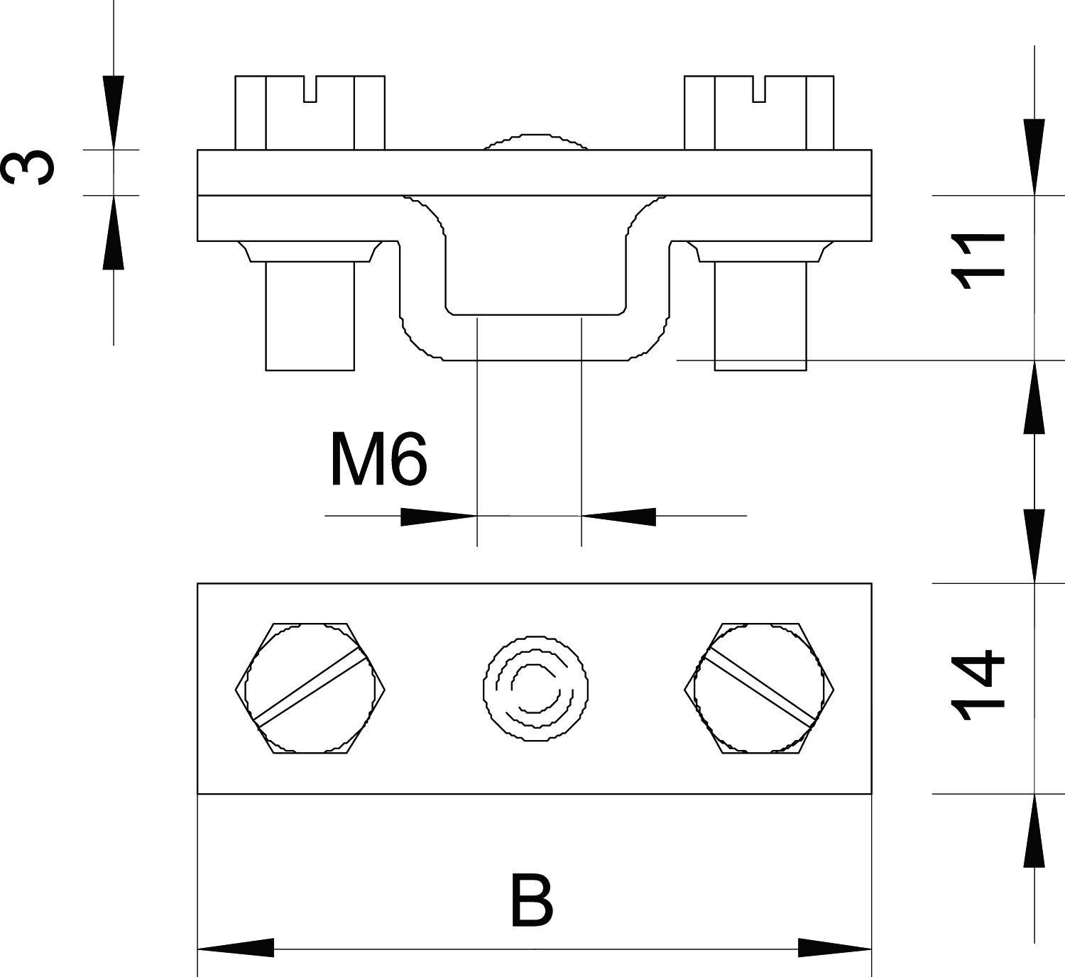 Technische Zeichnung eines Bauteils mit Maßen. Oben Ansicht mit zwei Bolzen, M6 markiert. Seitliche Maße: 3, 11, 14. Breite: B.