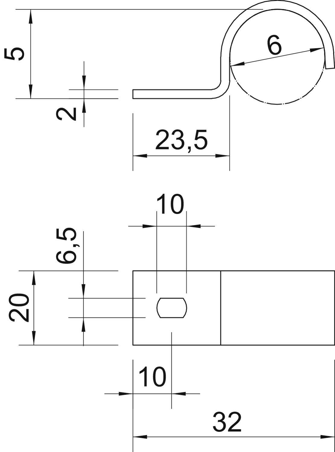 Technische Zeichnung einer Metallklammer mit Bemaßungen: Länge 32 mm, Biegeteile 6 mm und 23,5 mm, Höhe 5 mm und 20 mm.