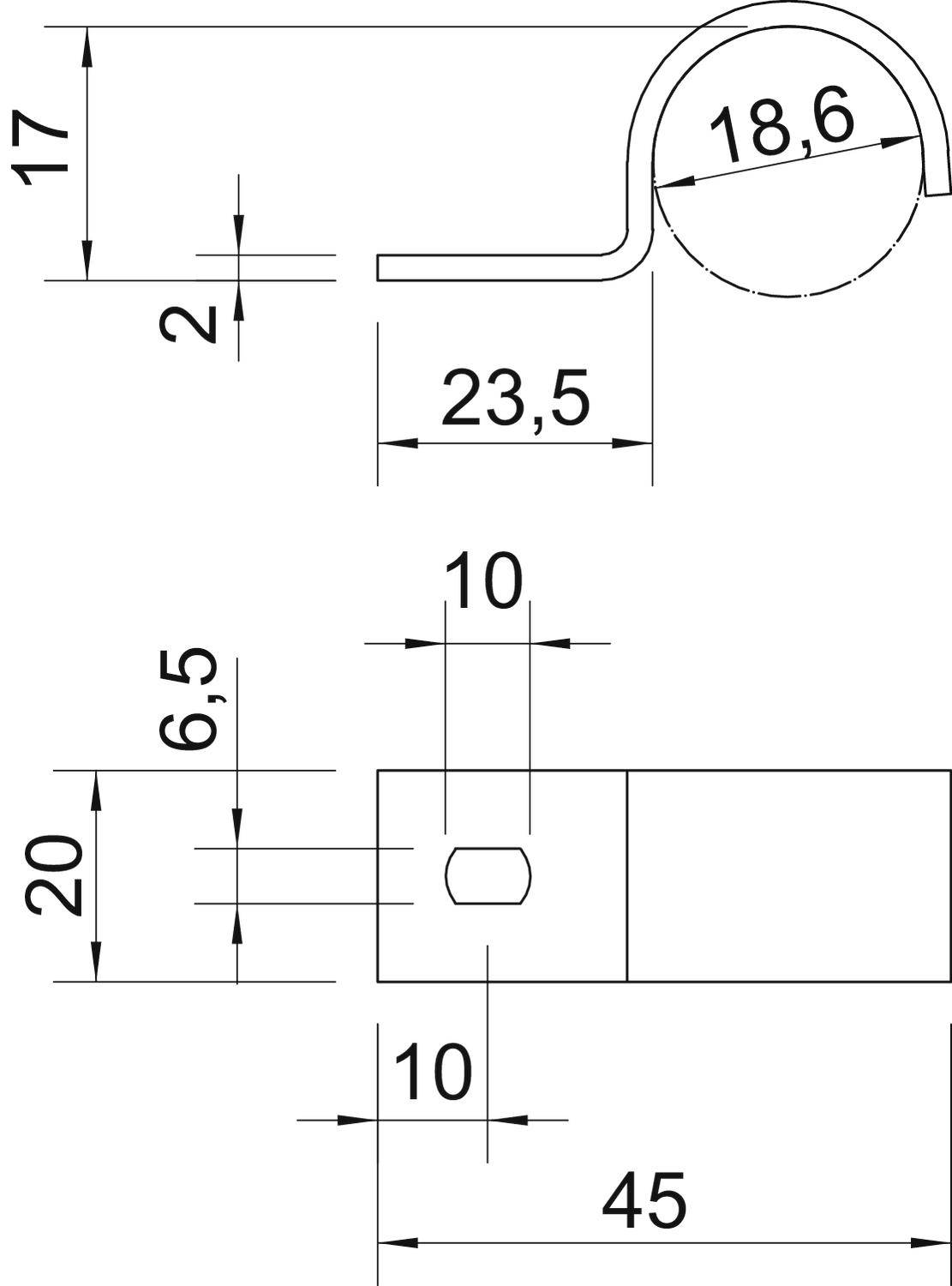 Technische Zeichnung einer Rohrschelle mit Bemaßungen: Rohrdurchmesser 18,6 mm, Gesamtlänge 45 mm, Breite 23,5 mm.