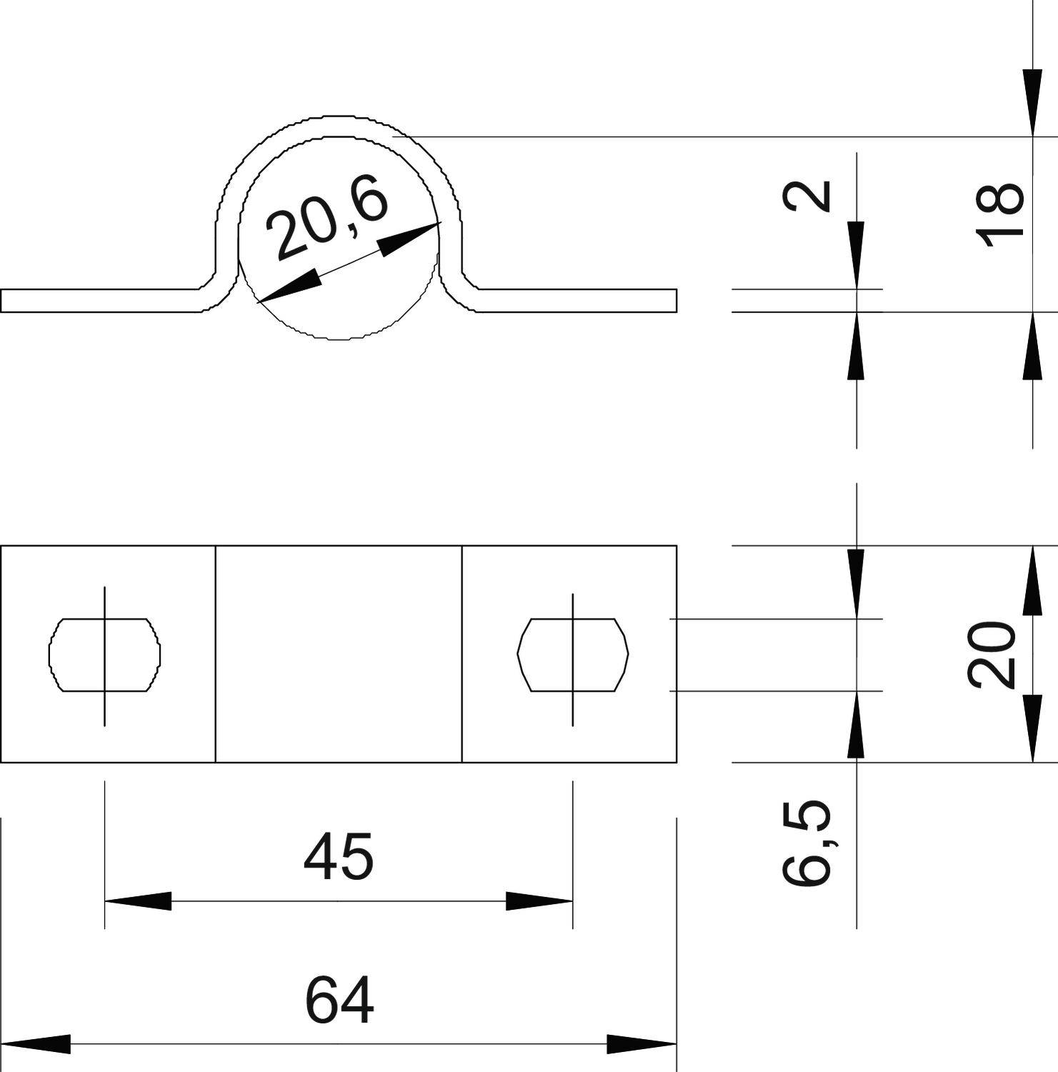 Technische Zeichnung eines Rohrschellenhalters mit Maßen: Durchmesser 20,6 mm, Breite 64 mm, Lochabstand 45 mm, Höhe 20 mm.