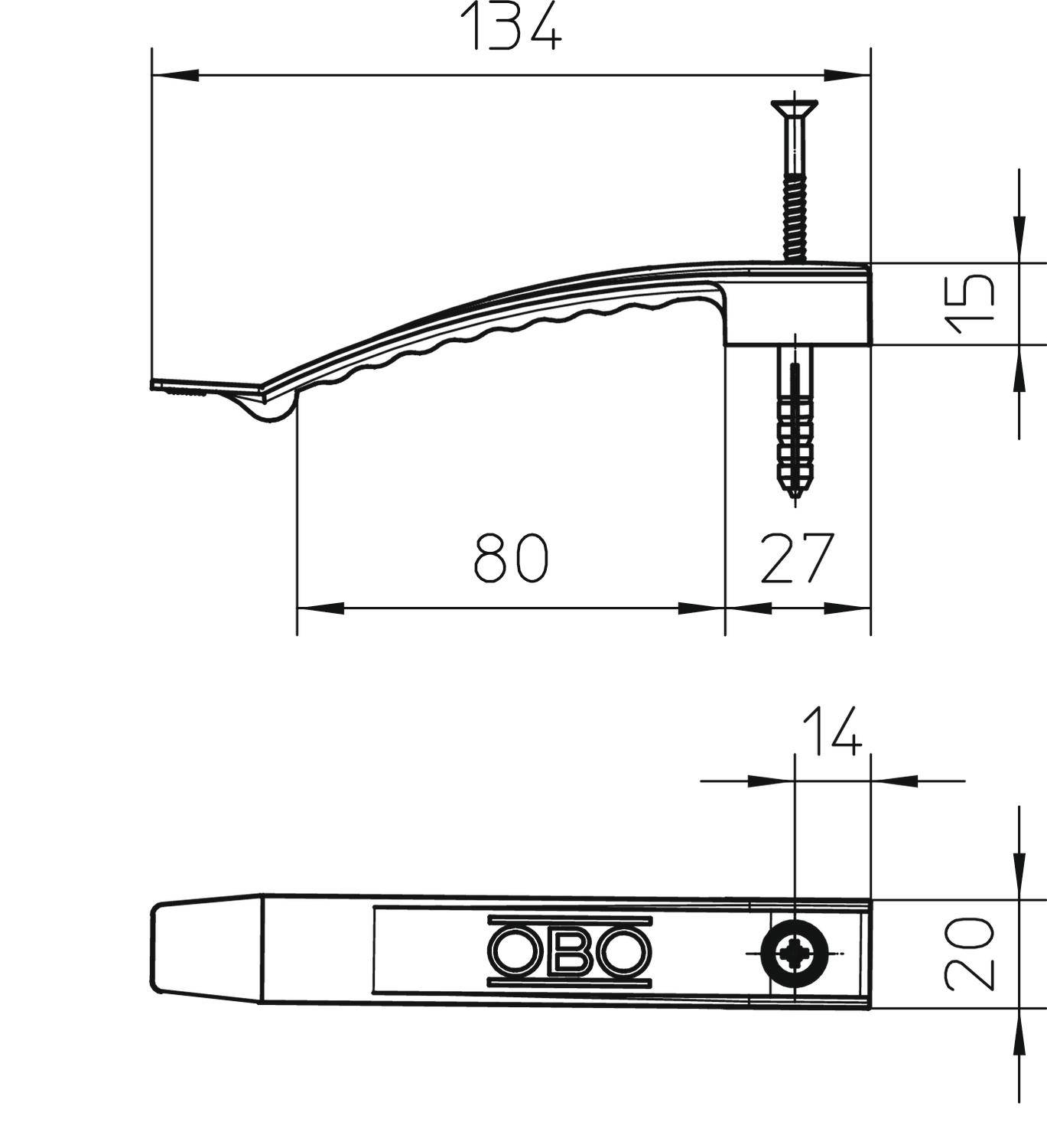 Technische Zeichnung eines Kabelhalters mit Maßen: Länge 134 mm, Breite 15 mm, Schraube zur Befestigung. Markiert mit 'OBO'.