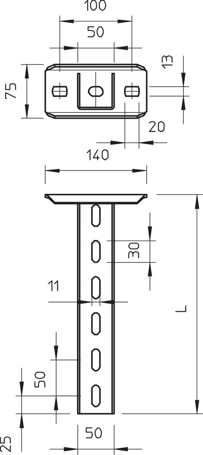 Technische Zeichnung einer Metallhalterung mit Maßen. Die Aufsicht zeigt ein rechteckiges Oberteil, die Seitenansicht zeigt Schlitze und Bohrungen.