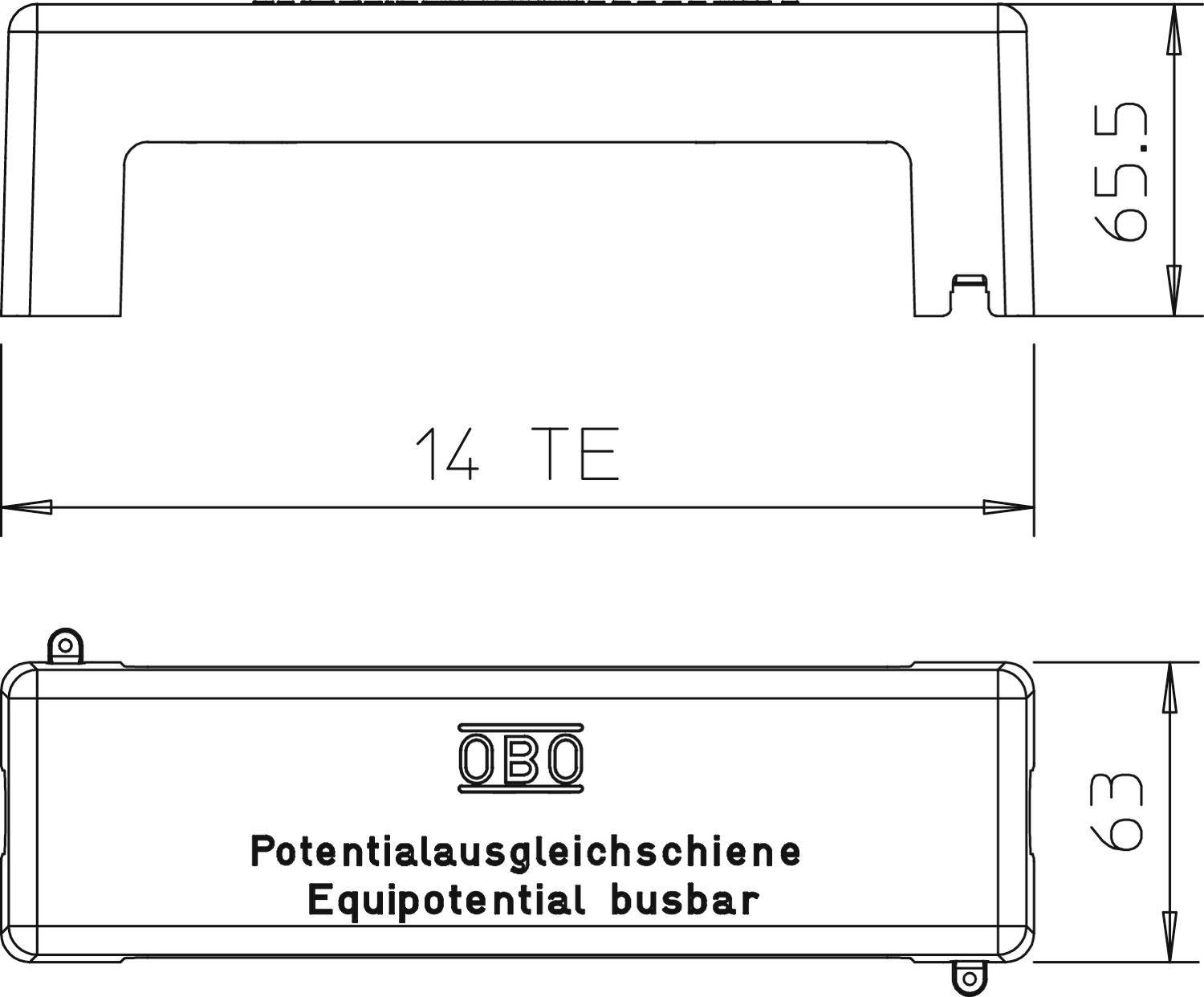'Potentialausgleichschiene' von OBO, Länge 14 TE, Höhe 65,5 mm.