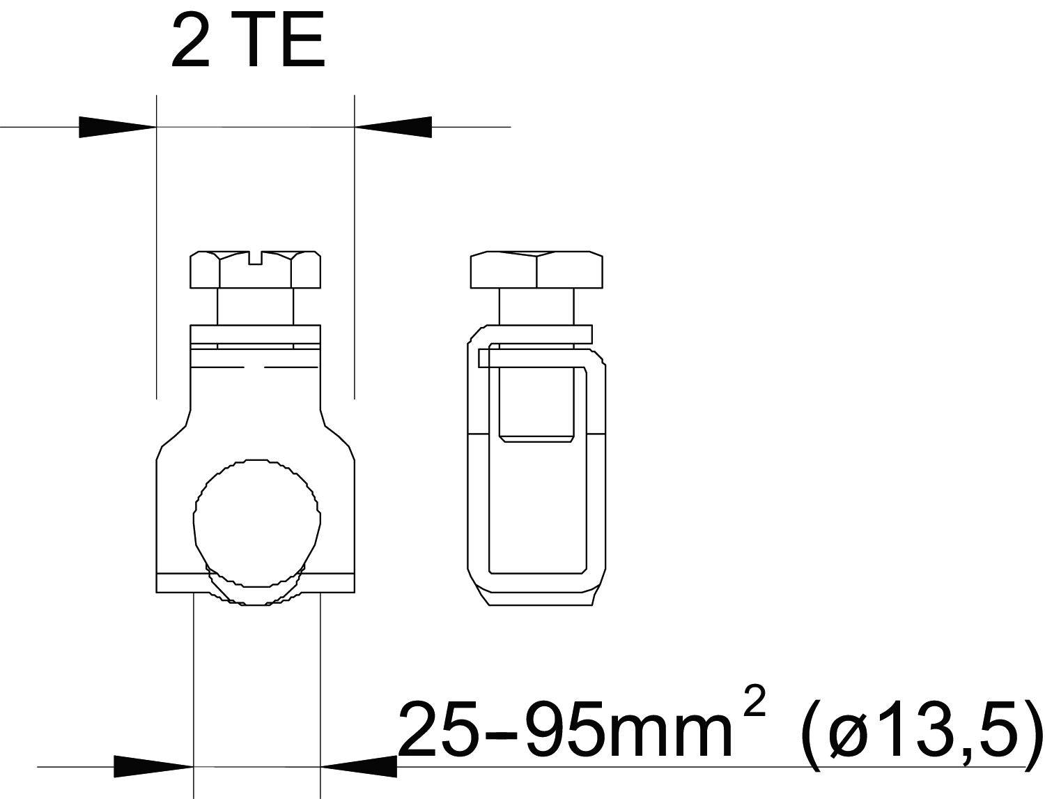 Technische Zeichnung eines elektrischen Bauteils mit den Maßen '2 TE' und '25-95mm² (Ø13,5)'.