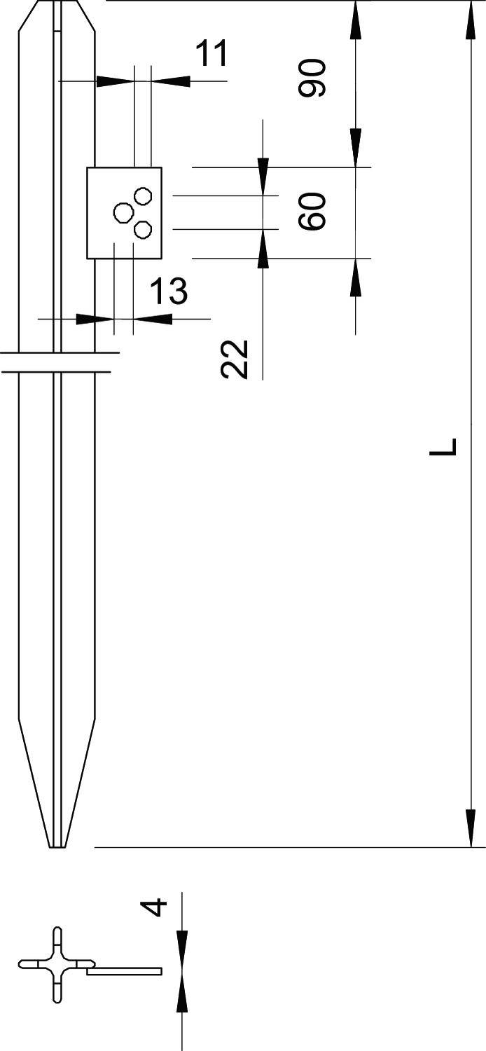 Technische Zeichnung eines Metallstabs mit Maßen: Gesamtlänge 'L', Breite oben 11 mm, Länge der Spitze 22 mm, Abstand zwischen Bohrungen und Kante 60 mm, Bohrung bei 13 mm.