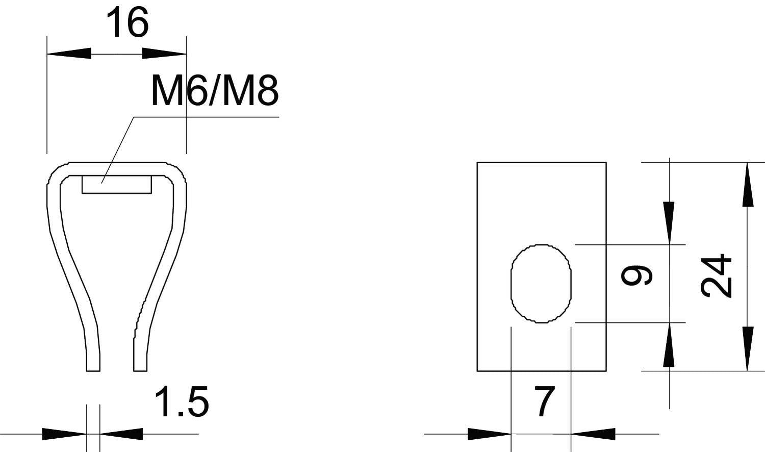 Technische Zeichnung eines Bauteils mit Abmessungen: Links zeigt ein Profil mit 16 mm Breite, M6/M8 Gewinde, 1,5 mm Stärke; rechts Bohrung 7 mm, Höhe 24 mm, Abstand 9 mm.