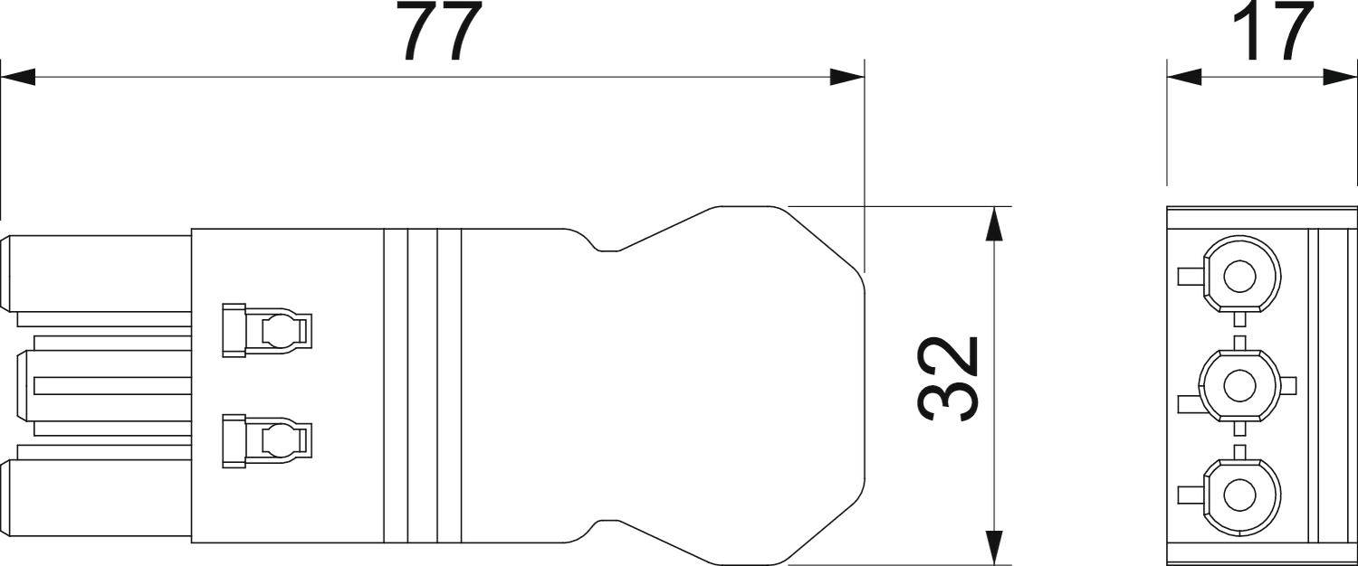 Technische Zeichnung eines Steckverbinders mit Maßen: Breite 77 mm, Höhe 32 mm, Tiefe 17 mm. Zeigt elektrische Anschlüsse und Form.