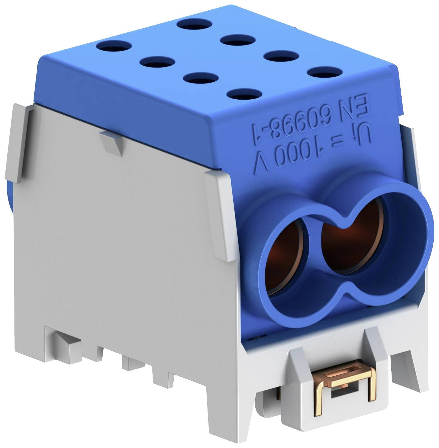 Blauer und grauer elektrischer Blockklemmenstecker, geeignet für Spannung bis 1000 V, mit mehreren Anschlüssen für Kabelverbindungen.
