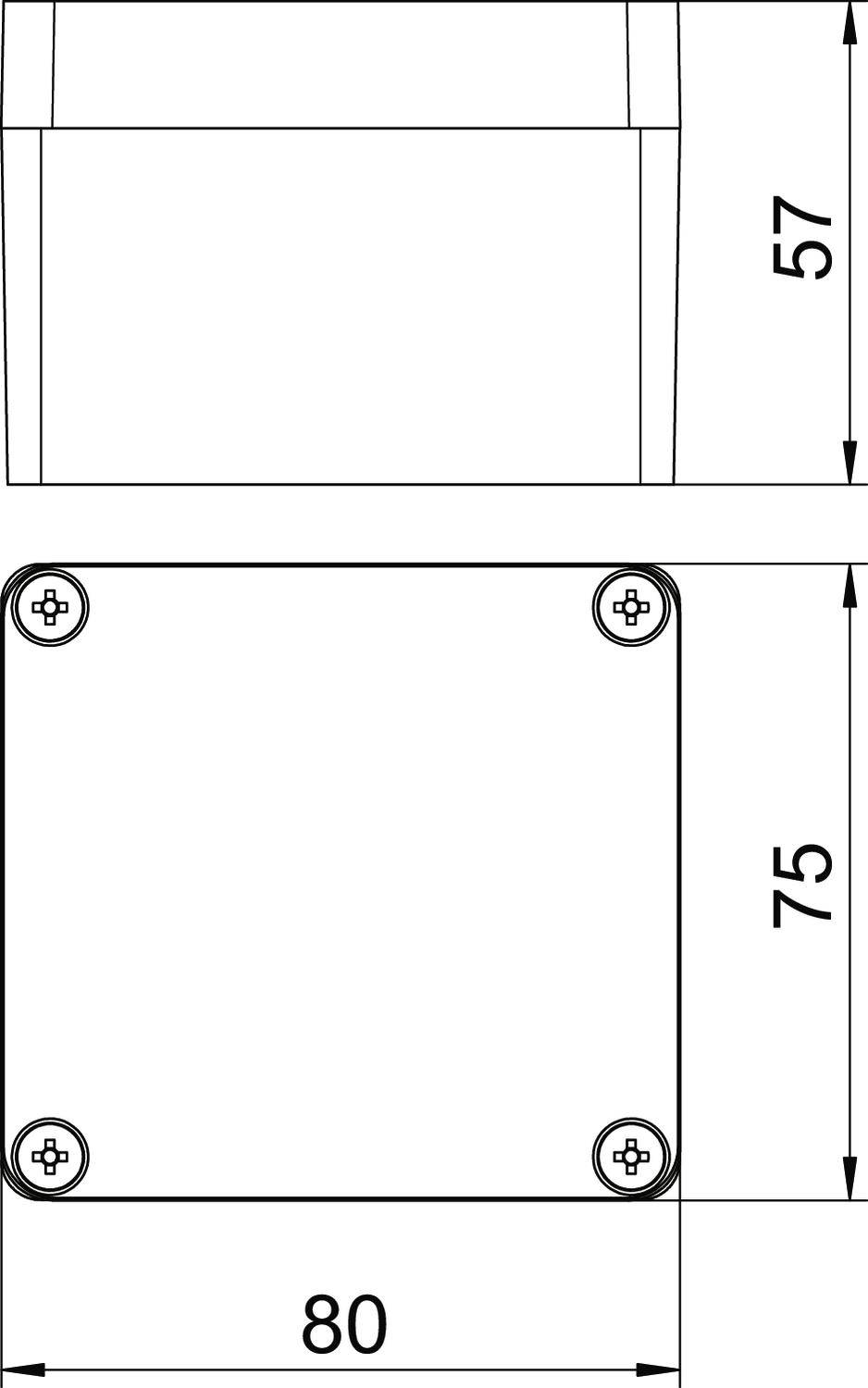 Technische Zeichnung eines rechteckigen Gehäuses mit den Maßen 80 mm x 75 mm x 57 mm und vier Schrauben in den Ecken.