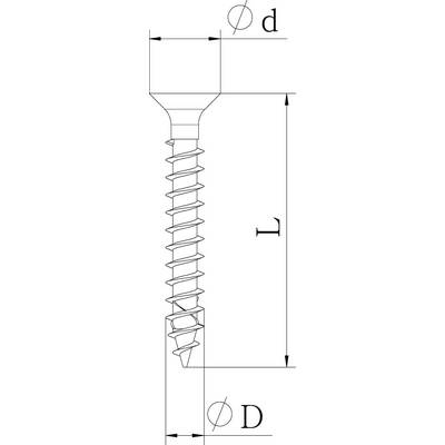 Technische Zeichnung einer Schraube mit Maßen. Die Zeichnung zeigt eine Senkkopfschraube mit Gewinde. Maße d, D, und L sind angegeben.