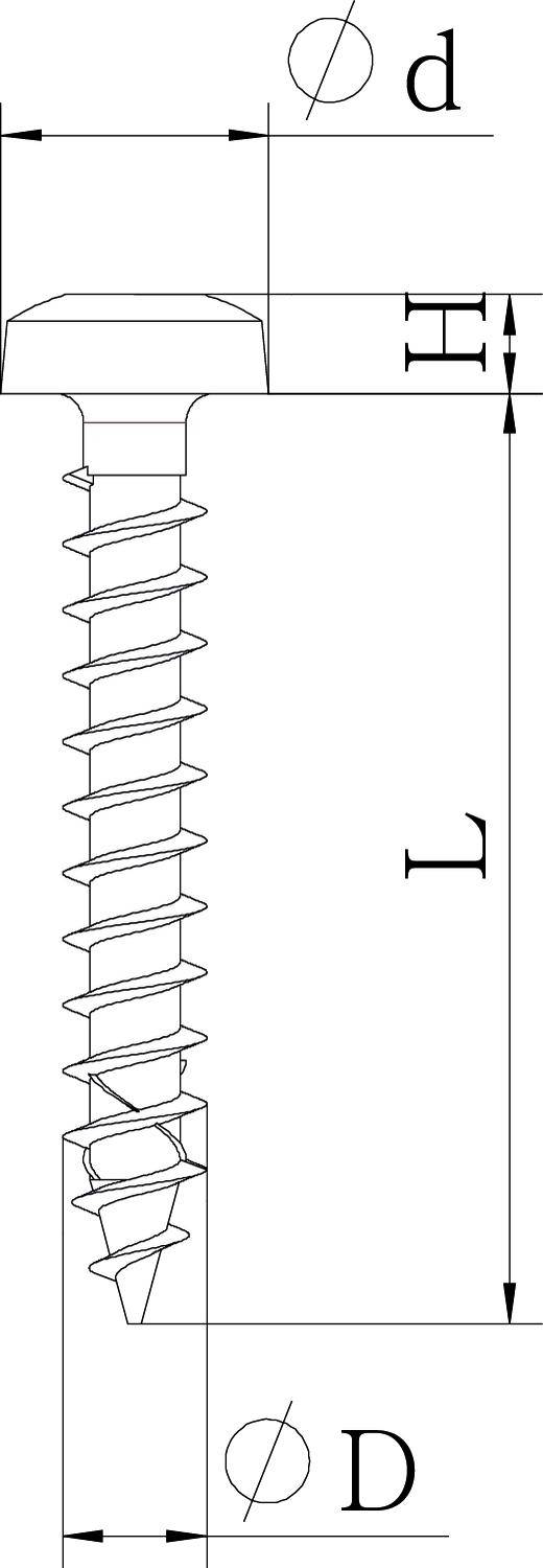 Technische Zeichnung einer Schraube mit Maßen: Kopfhöhe (H), Gesamtlänge (L), Kerndurchmesser (d) und Außendurchmesser (D).