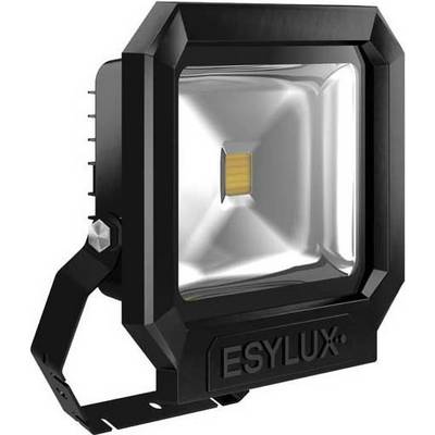 Ein schwarzer LED-Strahler mit rechteckigem Rahmen und der Aufschrift 'ESYLUX' auf der Vorderseite, montiert auf einem Halter.