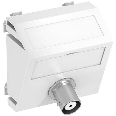 Ein weißer Koaxialstecker mit rechteckigem Gehäuse. Geeignet zur Wandmontage für die Übertragung von TV-Signalen.