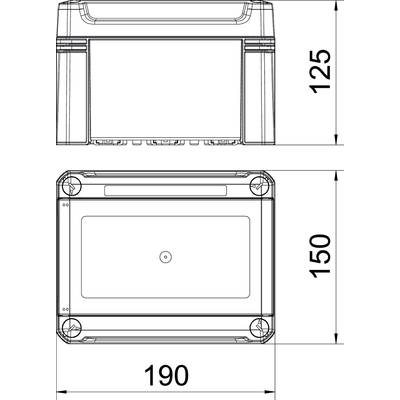 Technische Zeichnung eines rechteckigen Gehäuses mit Maßen: 190 mm Breite, 150 mm Tiefe und 125 mm Höhe. Draufsicht und Frontalansicht gezeigt.
