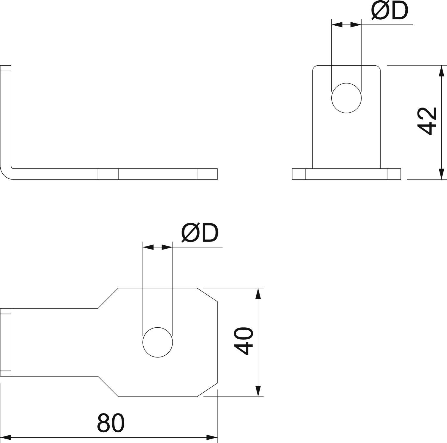 Technische Zeichnung eines Metallwinkels mit Bemaßungen: Höhe 42 mm, Breite 80 mm, Lochdurchmesser 'ØD', Lochhöhe 40 mm.