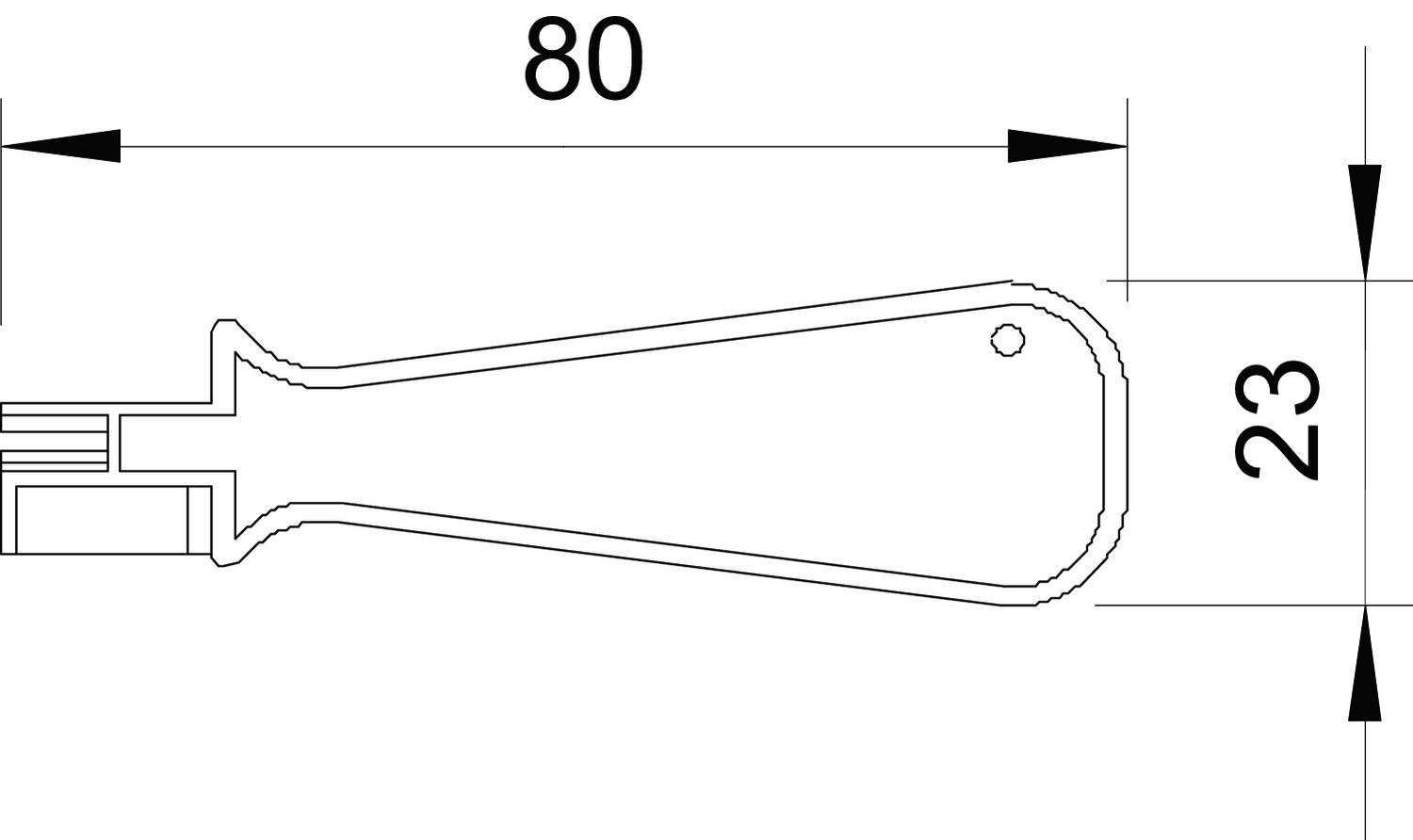 Zeichnung eines flachen Handgriffs mit Maßen: Länge 80 mm, Breite 23 mm. Der Griff hat ein kleines Loch nahe der Spitze.
