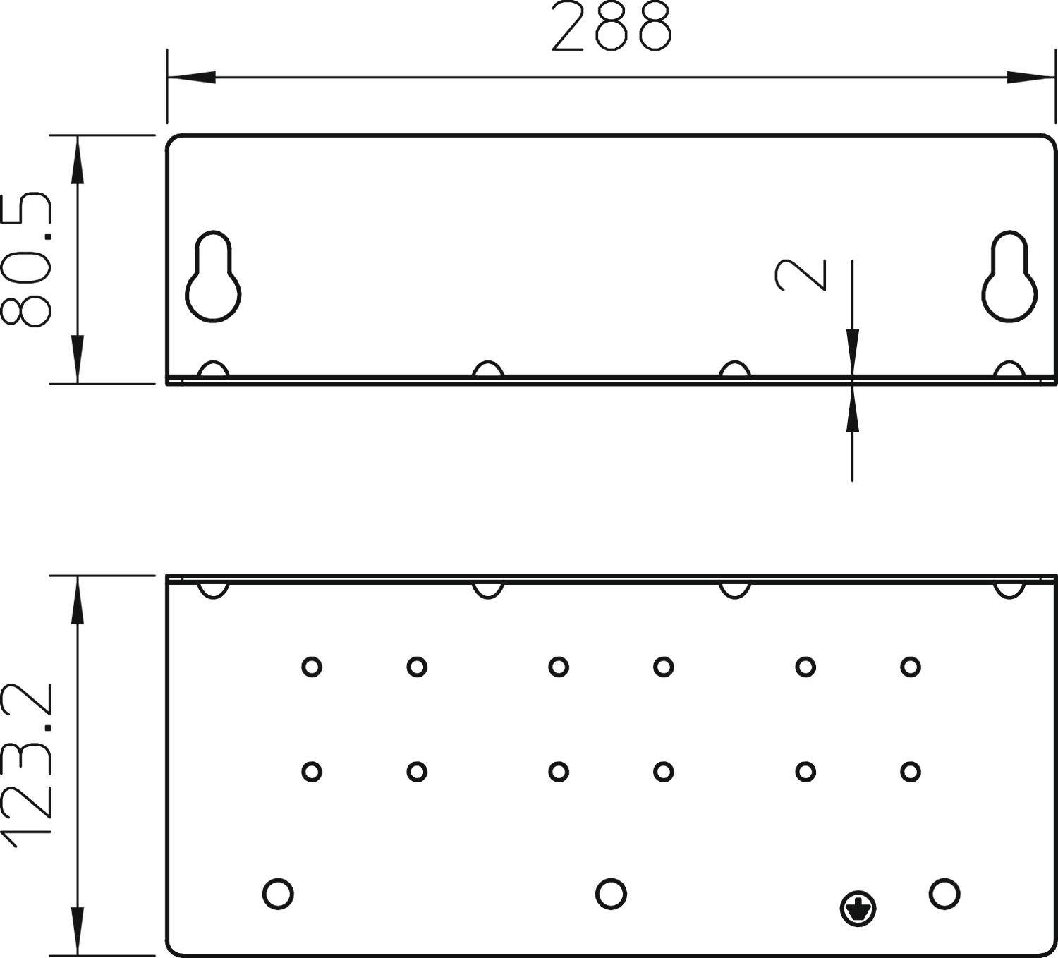 Technische Zeichnung eines rechteckigen Metallteils mit Maßen: Länge 288 mm, Höhe 123,2 mm und Breite 80,5 mm, mit Bohrungen.