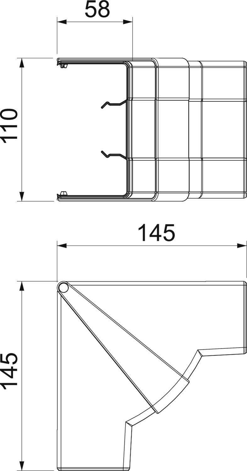 Konstruktionszeichnung eines rechteckigen Bauteils mit Maßen: 58 mm Breite, 145 mm Höhe und 110 mm Tiefe. Seitenansicht zeigt Konturen.