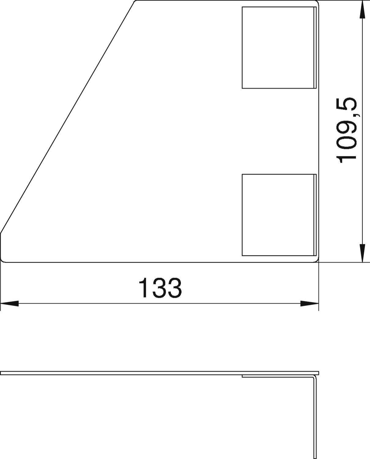 Technische Zeichnung eines asymmetrischen Winkels mit Maßen: Breite 133 mm, Höhe 109,5 mm. Seitliche Ansicht zeigt Biegung.