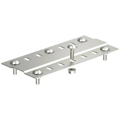 Metallverbinder mit rechteckigen Aussparungen, sechs Schrauben und einer losen Mutter.