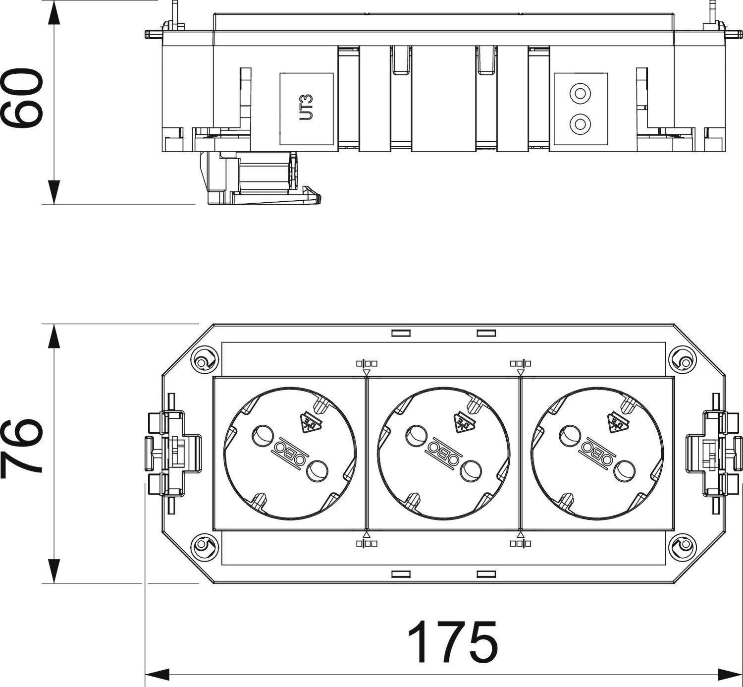 Zeichnung einer elektrischen Anschlusseinheit mit Maßen: Höhe 60 mm, Breite 175 mm, darunter drei runde Steckdosenfronten.