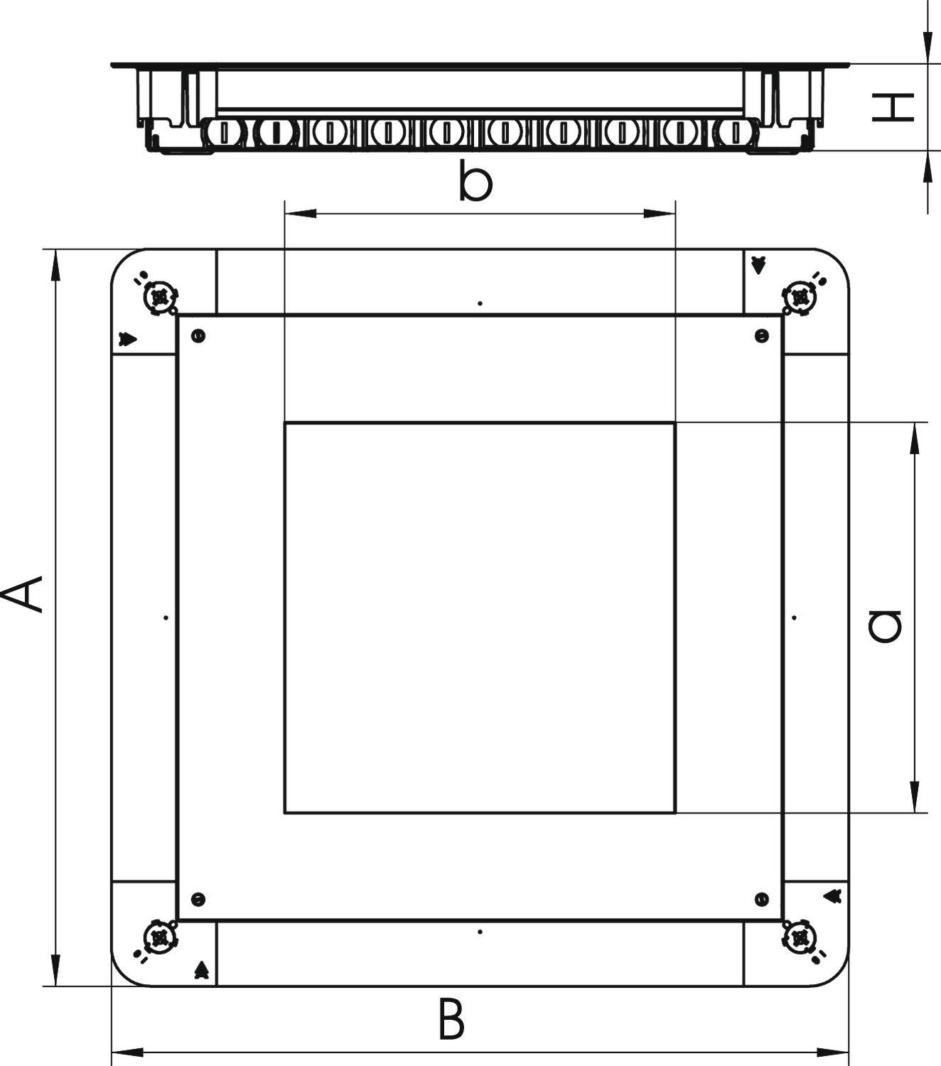 Technische Zeichnung eines quadratischen Bauteils mit Maßen: Breite (b), Höhe (H), Gesamthöhe (A), Innengröße (a), Gesamtbreite (B). Schraubenlöcher an den Ecken.