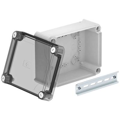 Gehäuse aus Kunststoff mit transparentem Deckel, offen gezeigt. Beiliegende Metallschiene rechts. Geeignet für Elektronikprojekte.