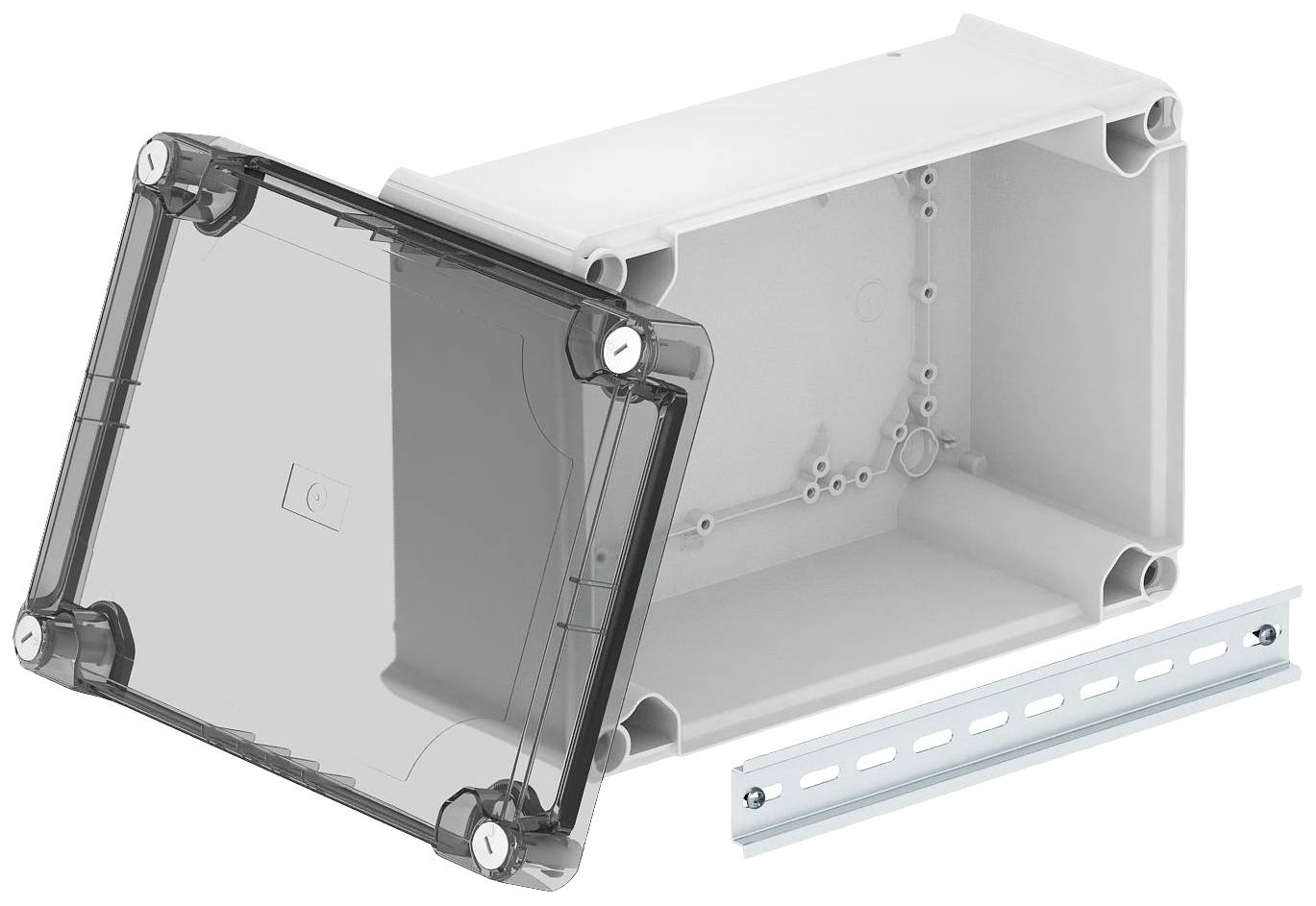 Eine rechteckige graue Kunststoffbox mit abnehmbarem, durchsichtigem Deckel und einer Metallschiene daneben. Geeignet für Elektronikmontage.