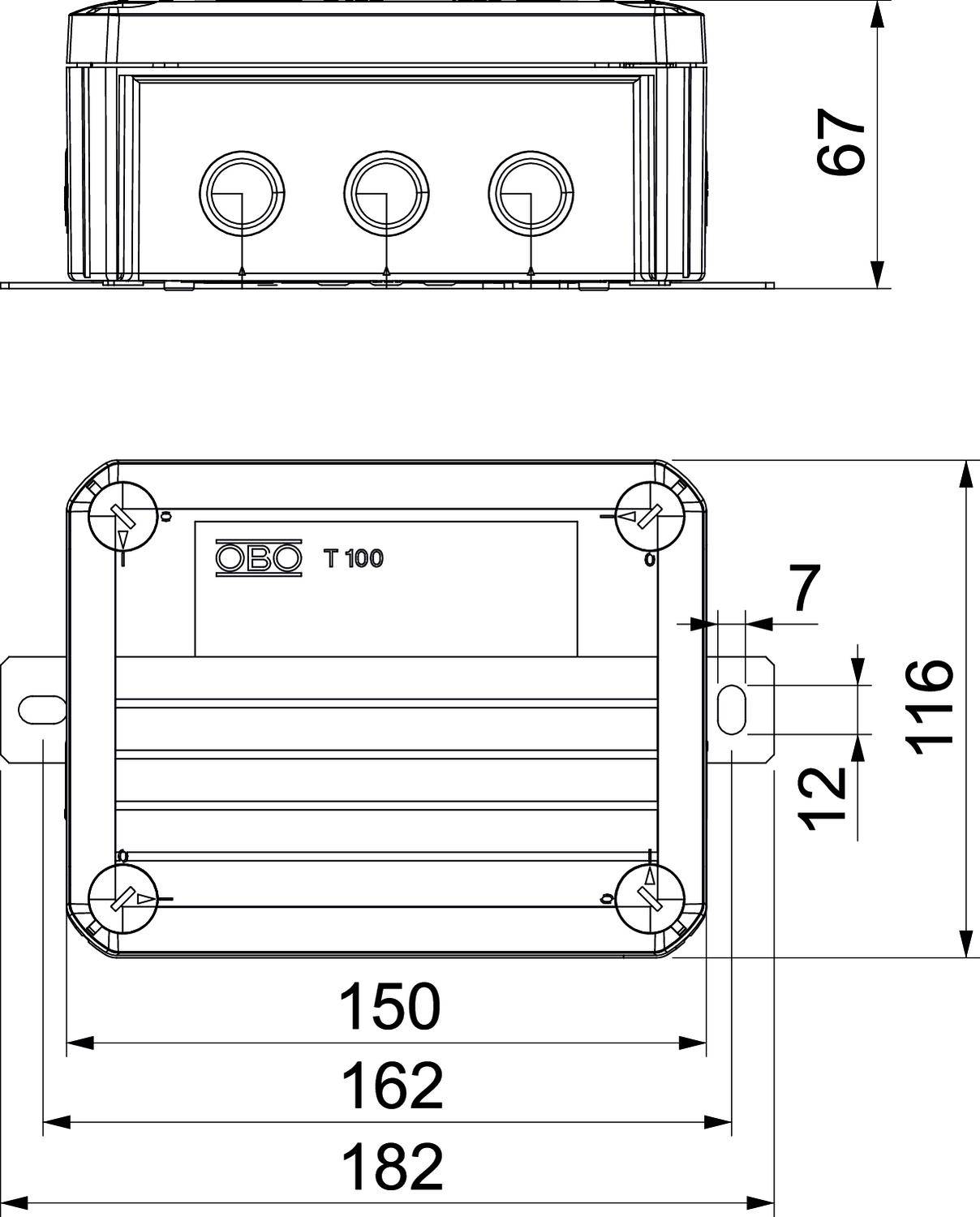 Technische Zeichnung eines rechteckigen Gehäuses mit den Maßen 182x116x67 mm. Draufsicht zeigt Bohrungen. Seitenansicht zeigt Höhe.